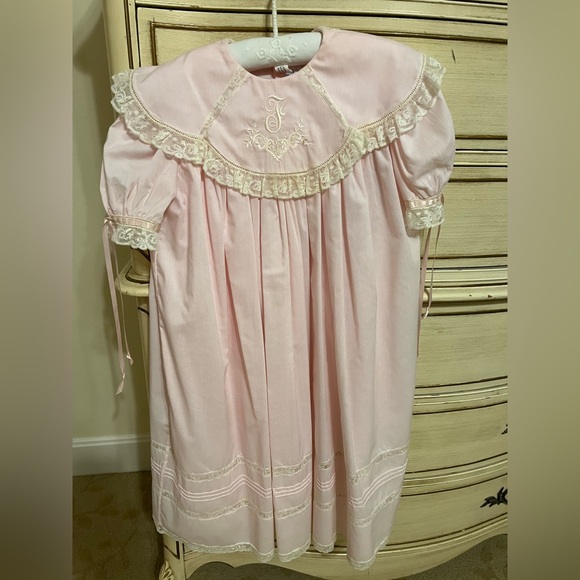 Pale Pink French Handsewn Lace Dress • pink/ivory/ecru • “F” monogram embroidery - Picture 4 of 5